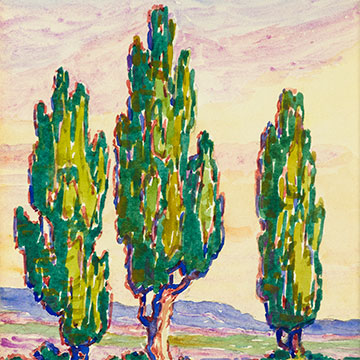 watercolor painting depicting three green trees